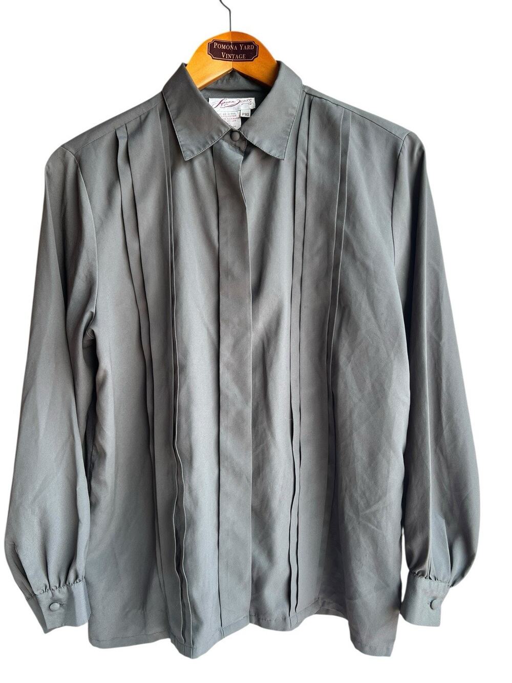 Laura Scott Vintage Pleated Career Blouse Long Sleeve Steel Grey Size 10P